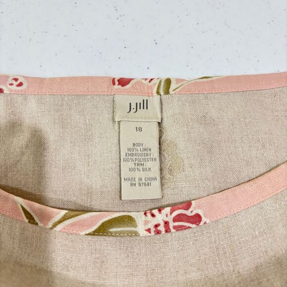 J Jill Linen Tan Skirt 18 Floral Embroidery 3D Ribbon Hanky Hem Cottagecore Boho - Picture 8 of 12